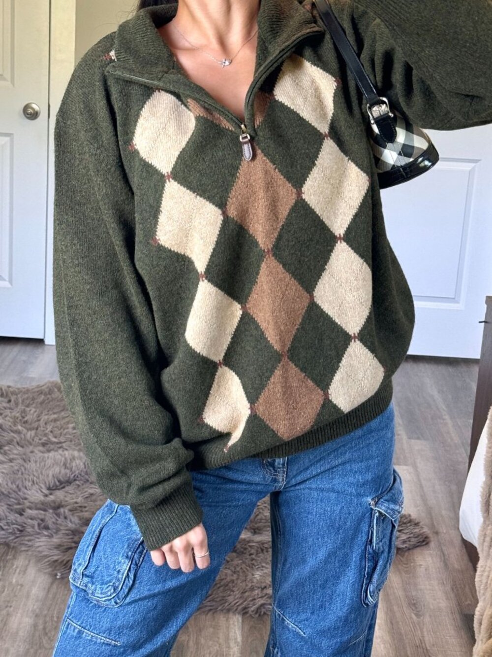 Jos A Bank Lambswool Quarter Zip Sweater Mens L Green Argyle Preppy Golf Office